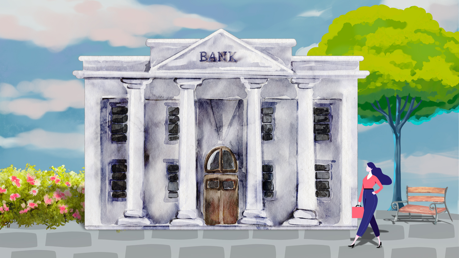 Watercolor of a woman walking into a bank